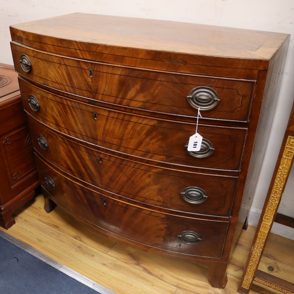 A Regency inlaid mahogany bowfront chest of drawers, width 91cm, depth 47cm, height 89cm